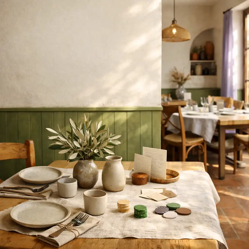 Table lumineuse de Comptoir Brindille avec linge clair, feuillage et cartes physiques