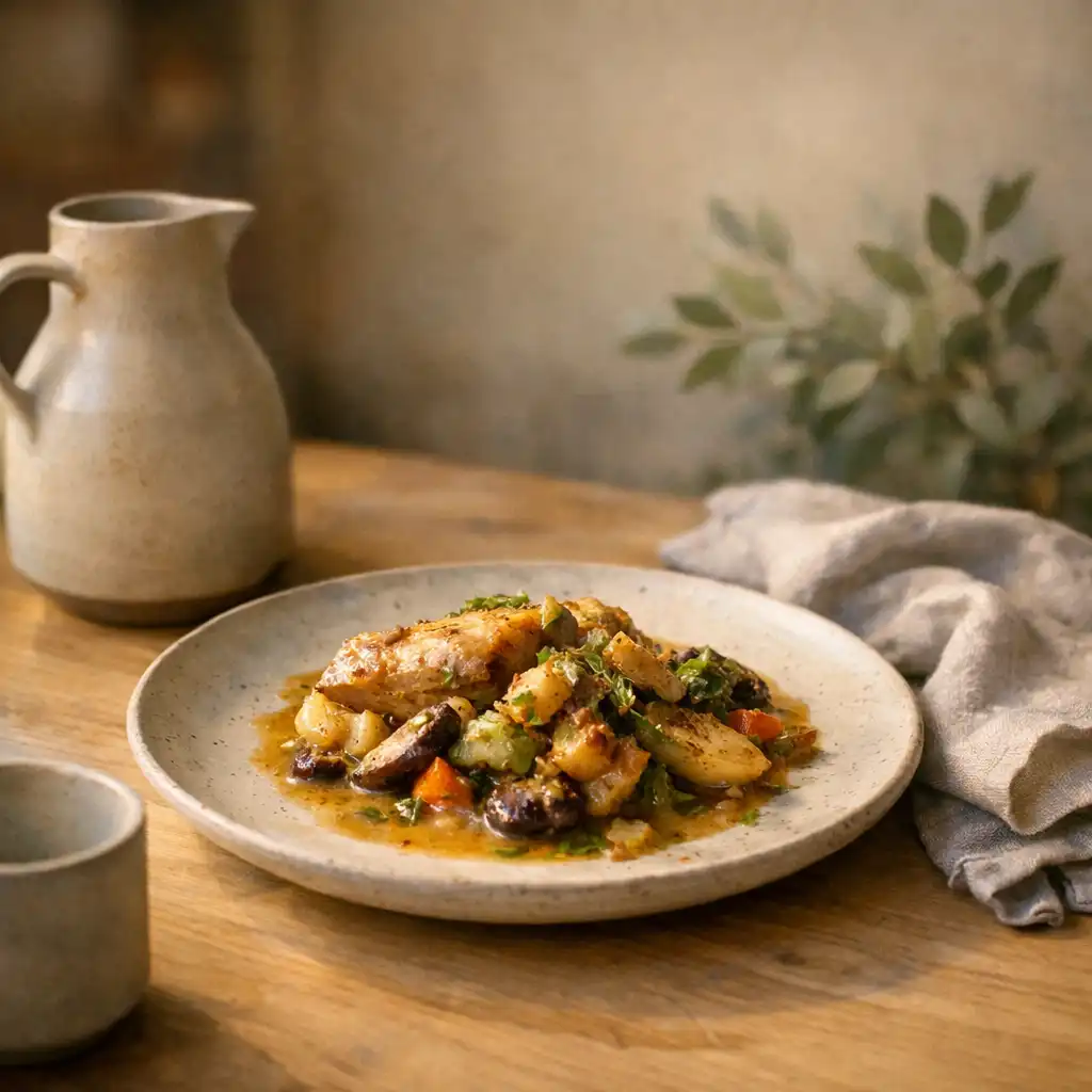 Assiette de cuisine de saison sur une table en bois avec céramique, linge en lin et feuillage.