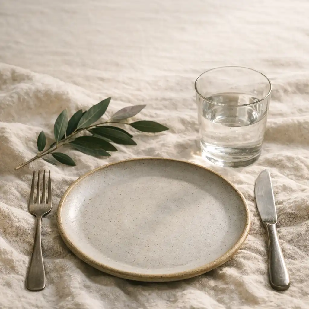 Table en lin, céramique mate, verre et rameau feuillu dans une lumière naturelle