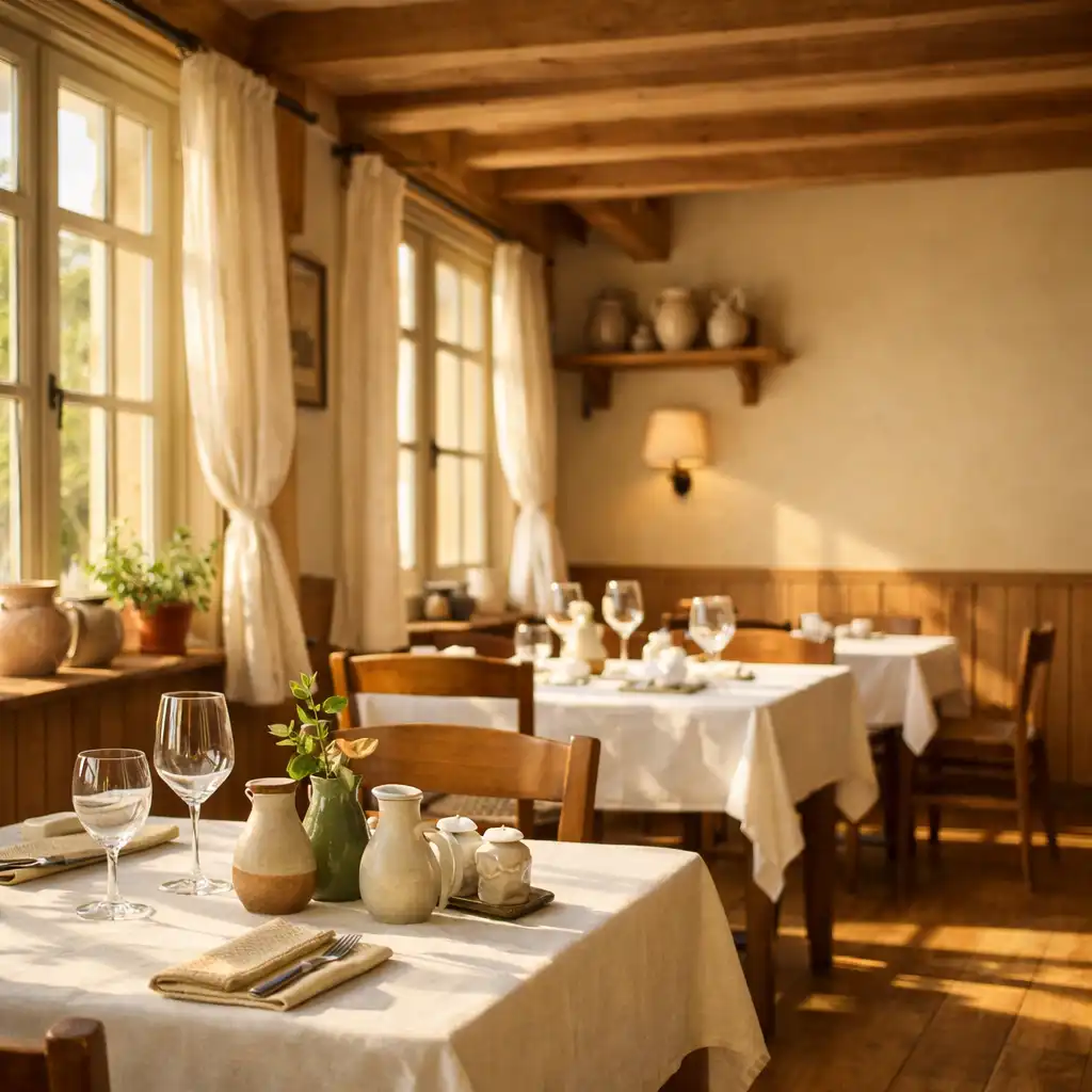Intérieur de restaurant lumineux avec tables, fenêtres latérales et matières naturelles