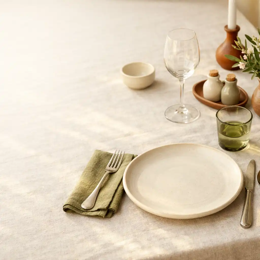 Table de restaurant en lin clair et céramique dans une lumière latérale chaleureuse