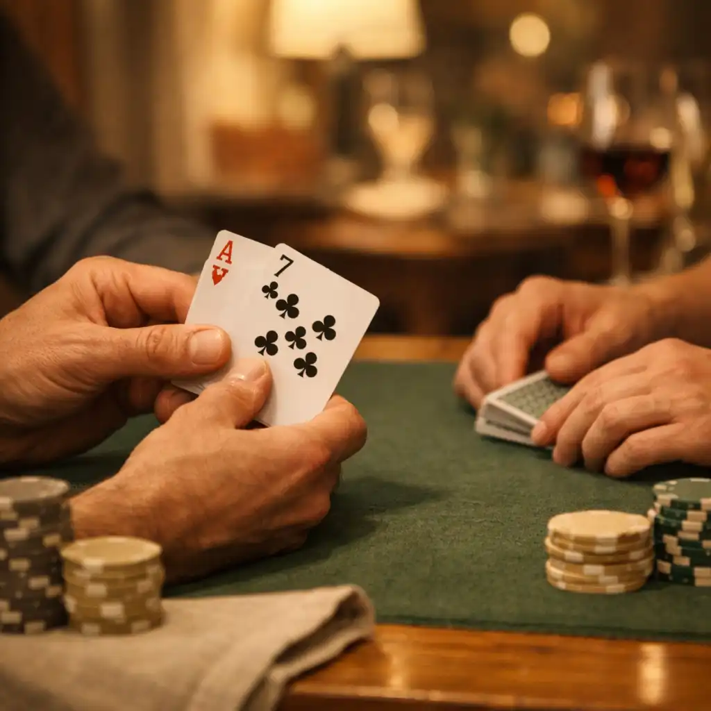 Mains adultes tenant des cartes physiques près de jetons sur une table de poker.