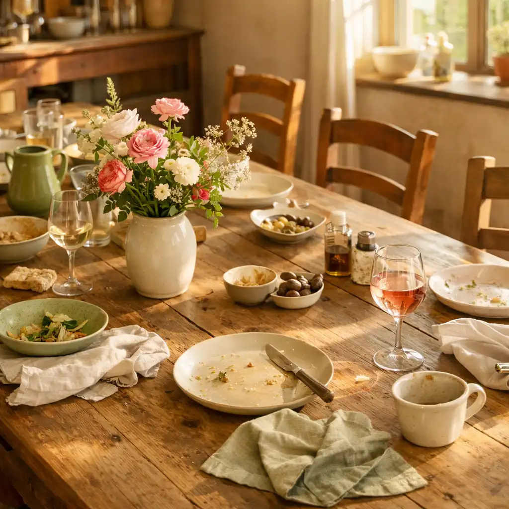 Grande table de restaurant fleurie avec vaisselle en céramique, linge en lin et lumière du soleil.