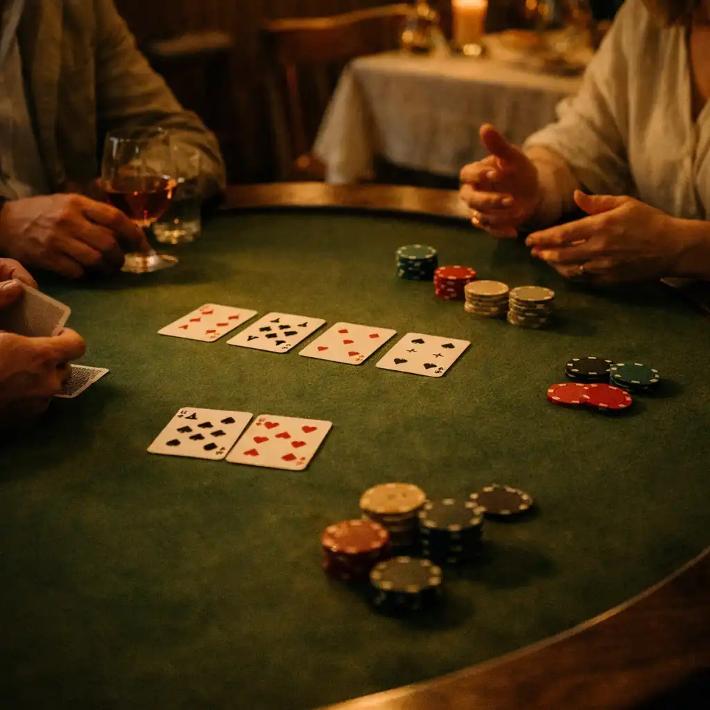 Cartes physiques et jetons posés sur une table de poker dans une salle de restaurant chaleureuse.