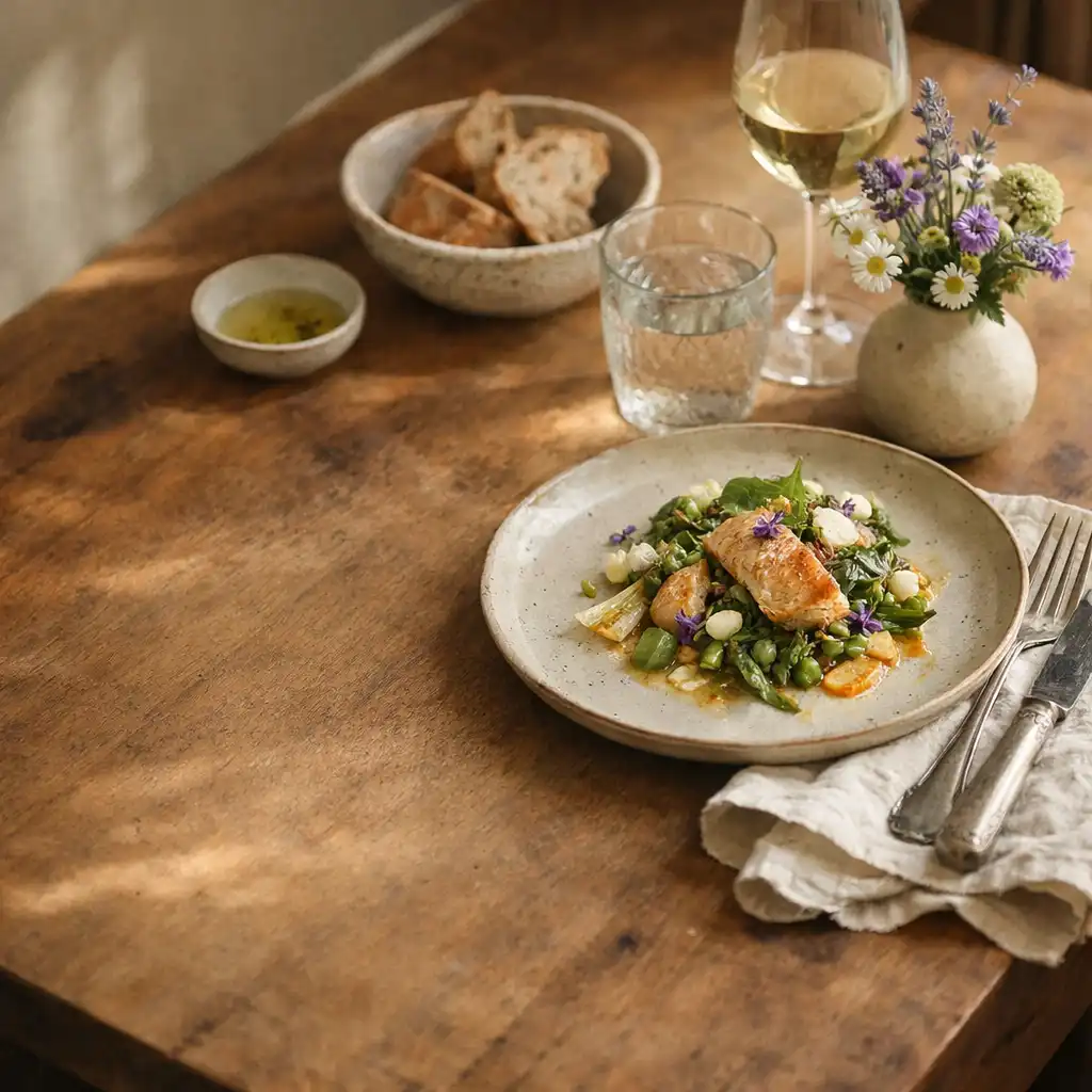 Table de restaurant avec assiette, linge en lin, fleurs de jardin et lumière naturelle.