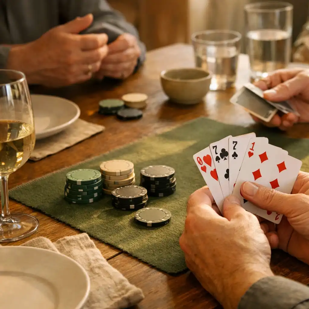 Mains autour d’une table réelle avec cartes physiques et jetons, dans une ambiance de restaurant
