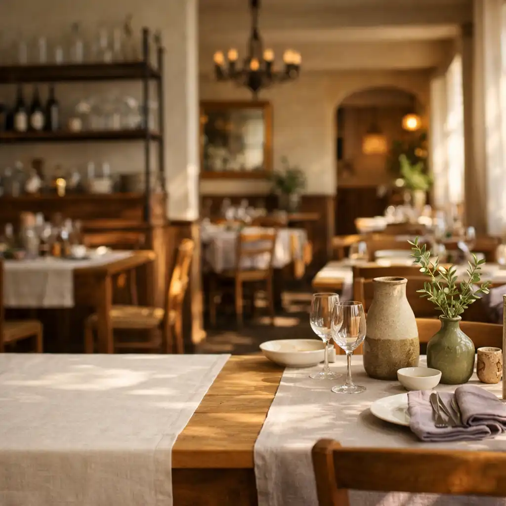 Salle de restaurant éclairée naturellement, avec tables en bois, linge et céramique