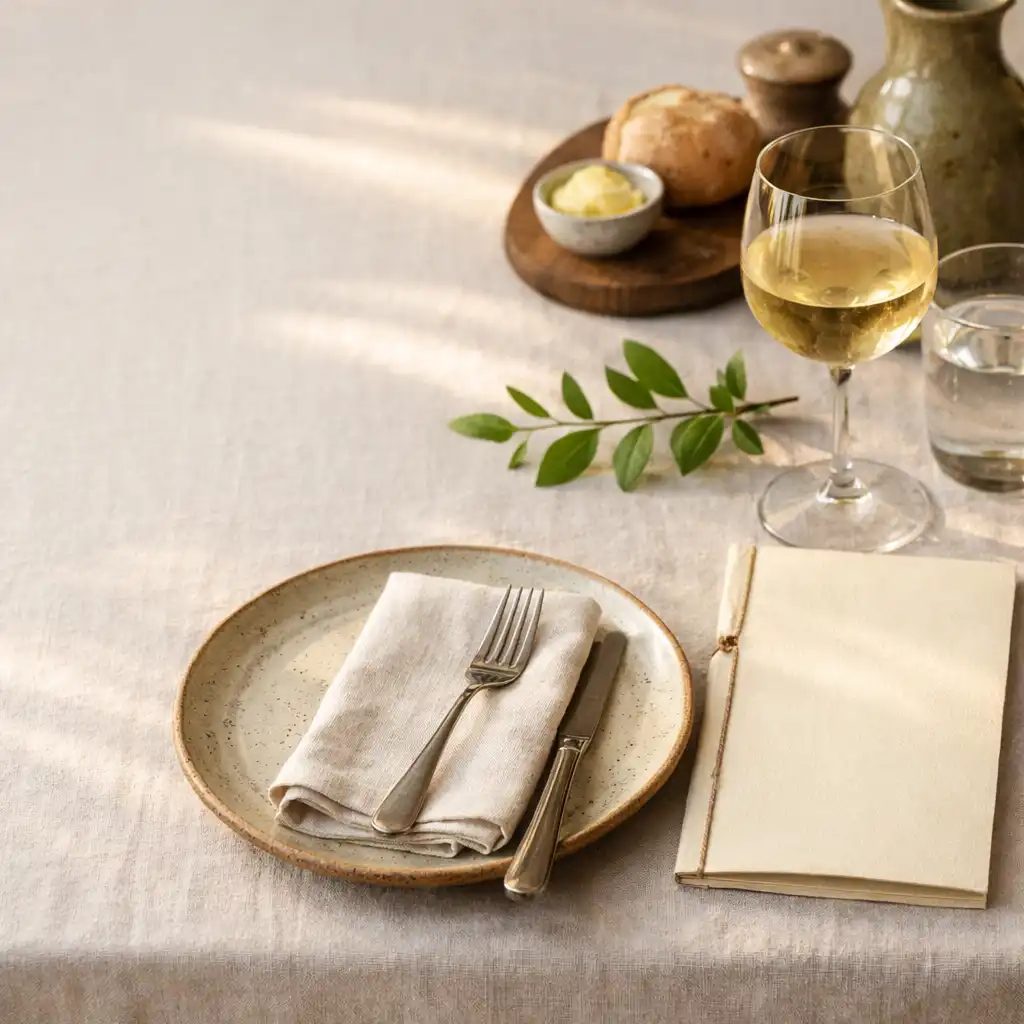 Table de restaurant lumineuse avec linge clair, céramique et feuillage discret