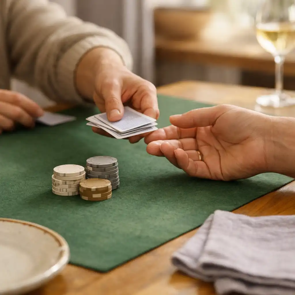 Mains distribuant des cartes sur un feutre avec des jetons, une serviette en lin et une assiette en céramique