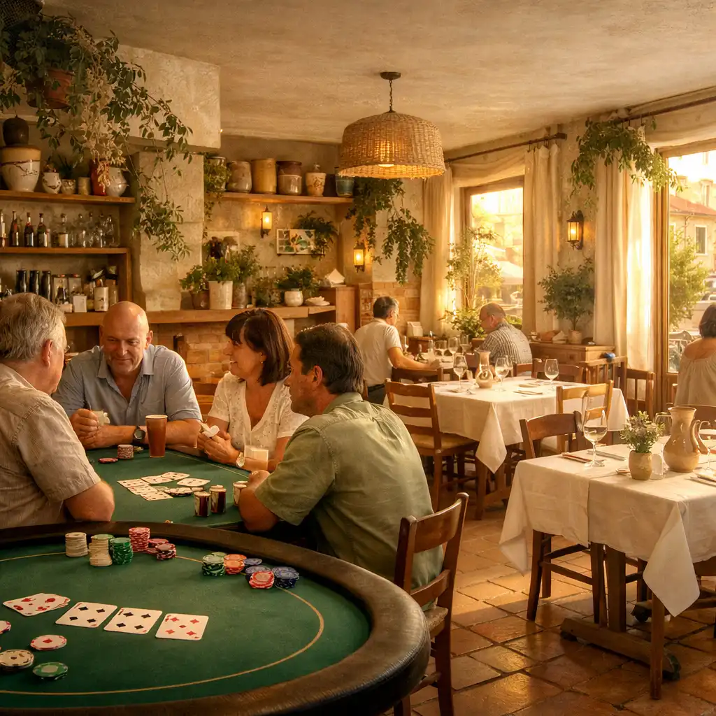 Salle de restaurant ensoleillée avec tables en bois et une table de cartes discrètement intégrée