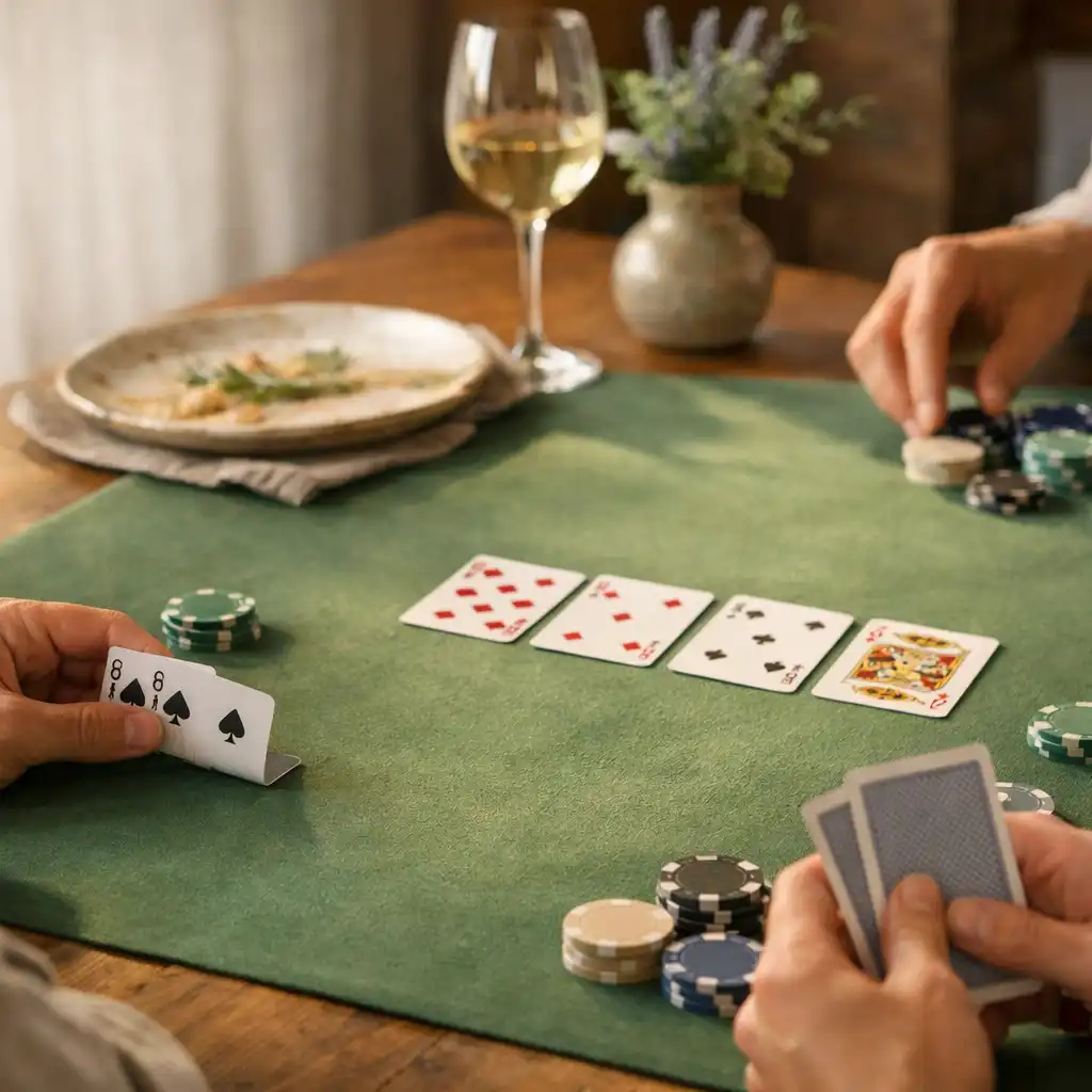 Mains de convives autour de cartes et de jetons sur une table de restaurant lumineuse
