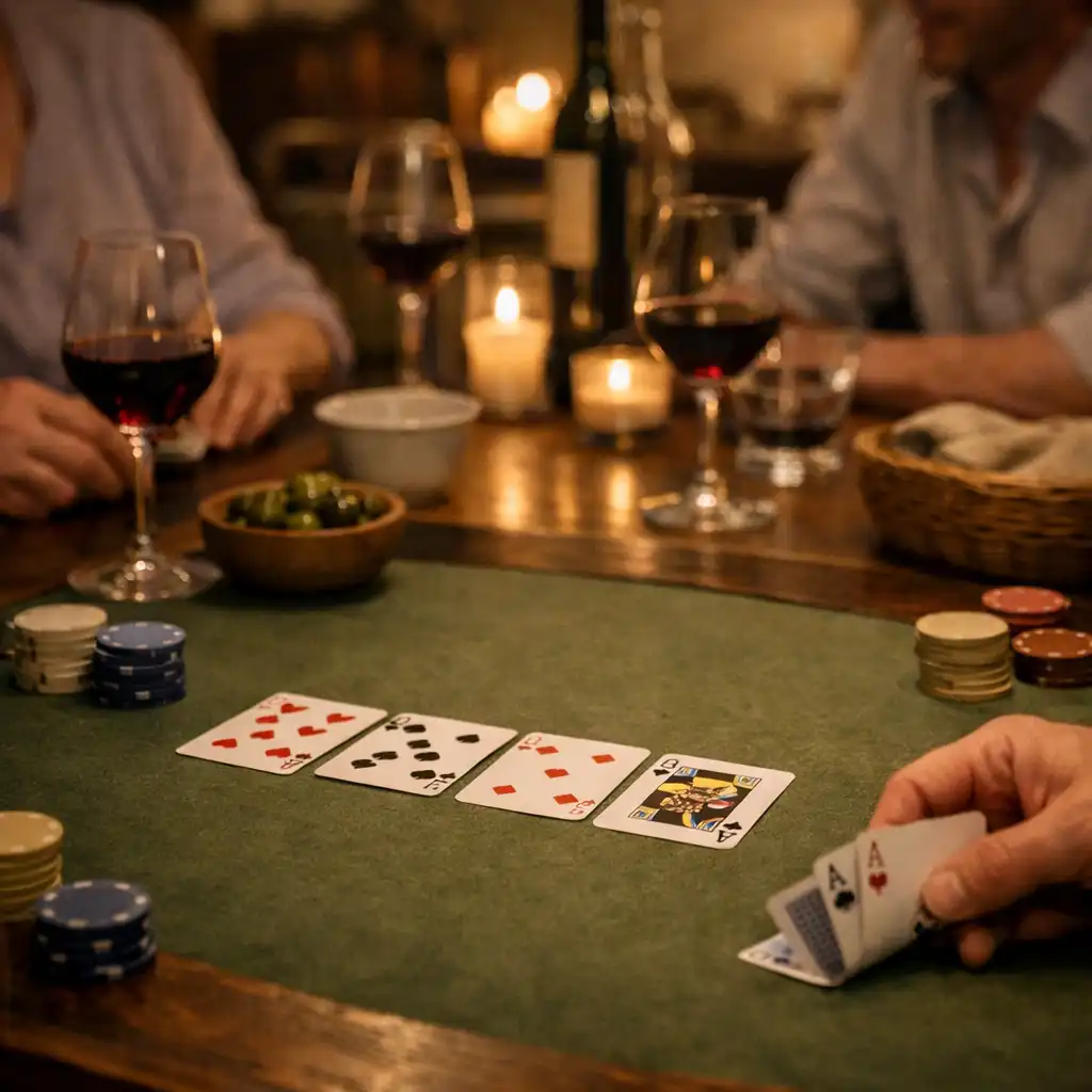 Mains, cartes physiques et jetons sur une table de poker dans une ambiance de restaurant.
