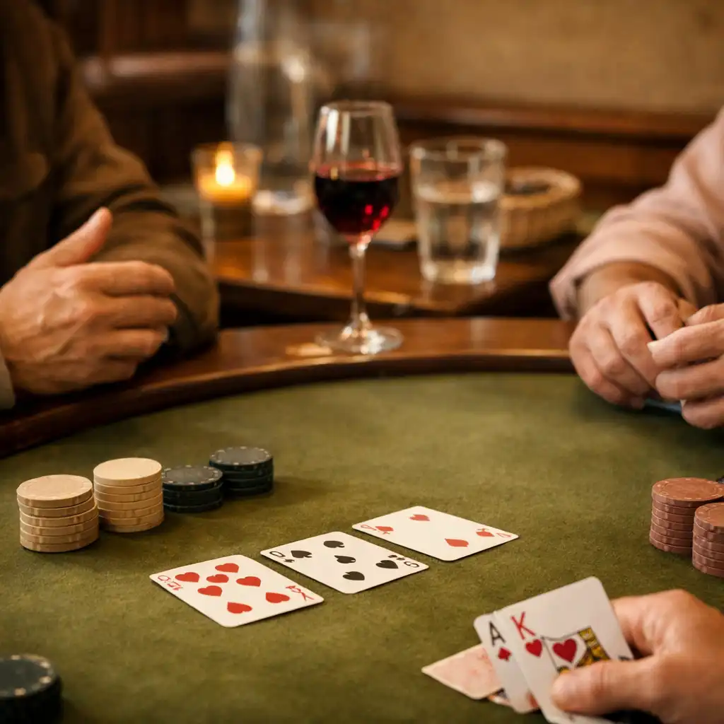 Cartes et jetons sur une table de poker physique dans une ambiance de restaurant