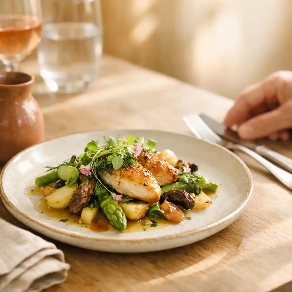 Assiette de cuisine française servie sur une table en lin dans une lumière chaleureuse