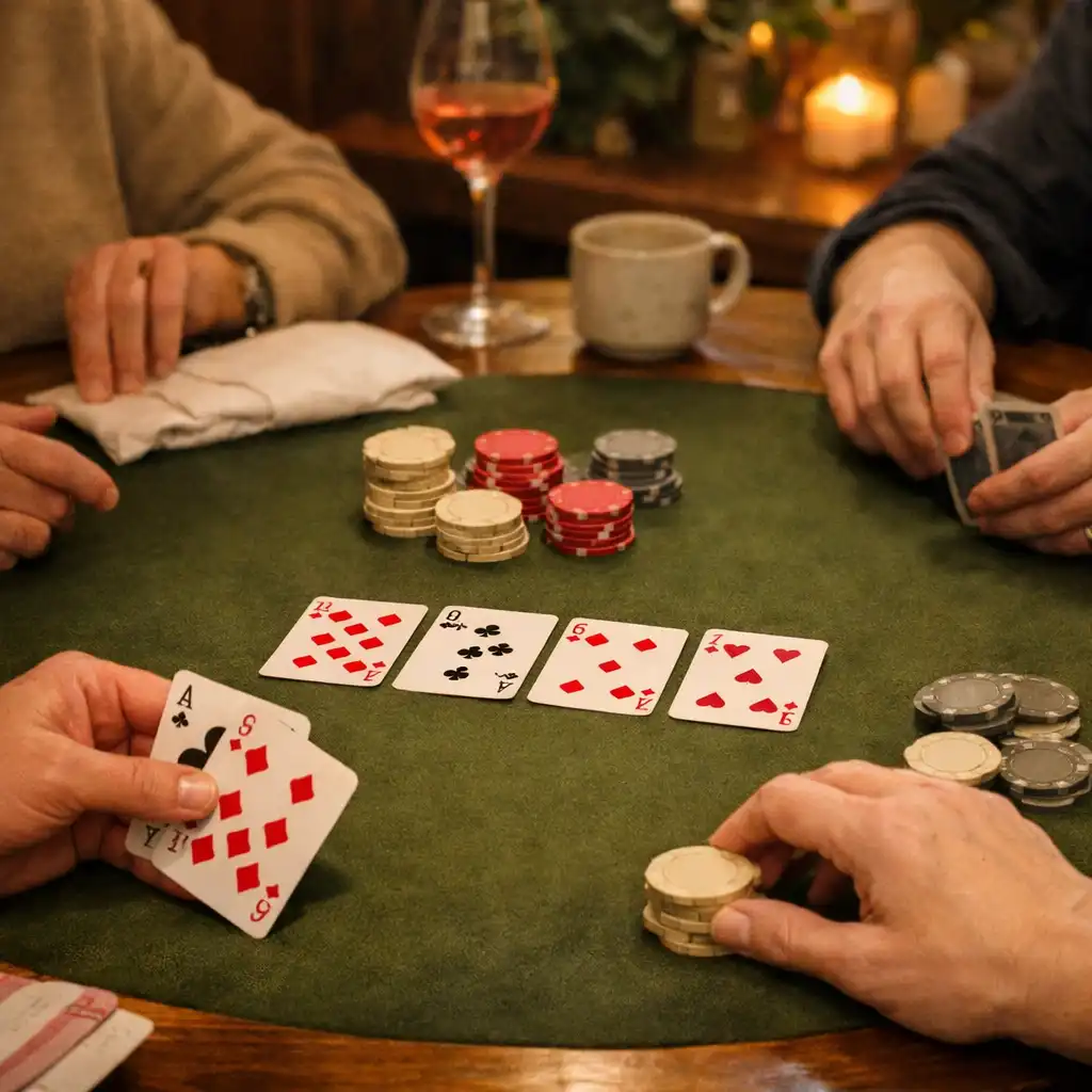Mains de convives autour de cartes et de jetons sur une table de poker réelle